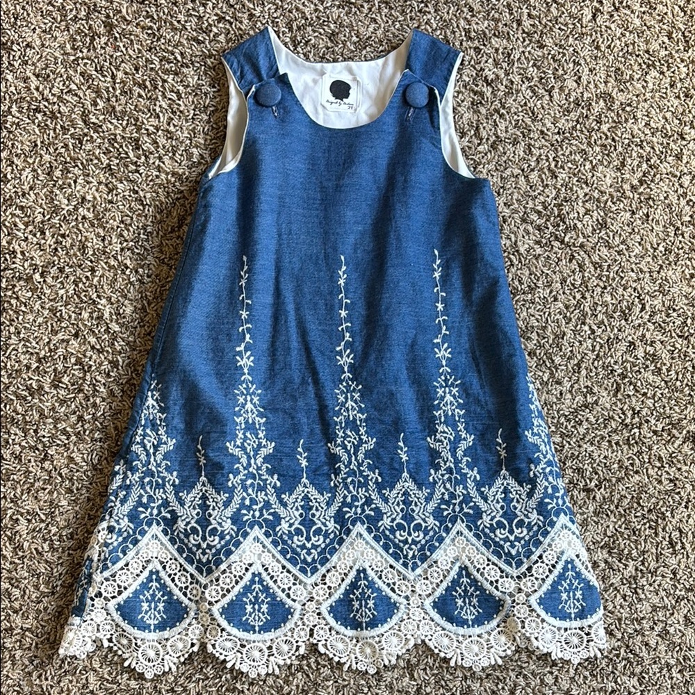 Handmade Denim Embroidered Lace Trim Dress Toddler Girl 2T